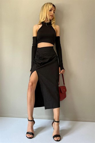 Siyah Basic Midi Boy Büzgülü Keten Etek MG1540