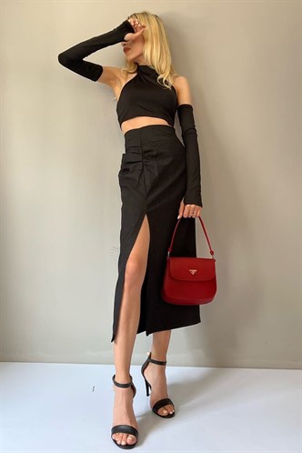 Siyah Basic Midi Boy Büzgülü Keten Etek MG1540