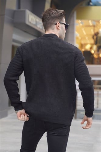 Siyah Basic Nakışlı Örgülü Hırka T6313