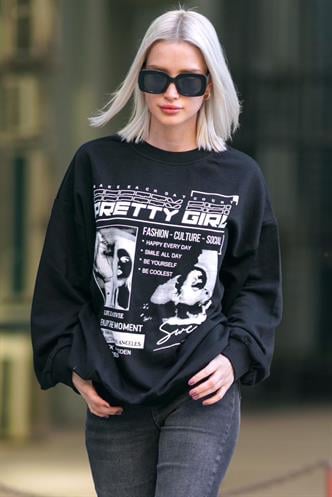 Siyah Baskılı Oversize Kadın Sweatshirt  MG1923