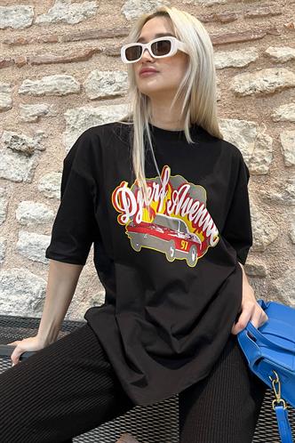 Siyah Baskılı Oversize Kadın Tişört MG1836
