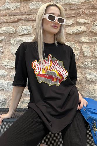 Siyah Baskılı Oversize Kadın Tişört MG1836