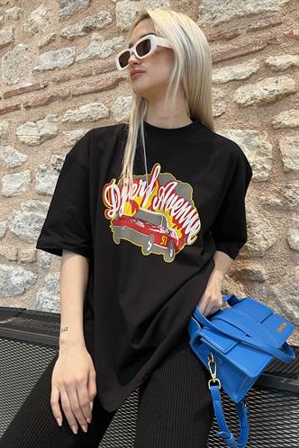 Siyah Baskılı Oversize Kadın Tişört MG1836
