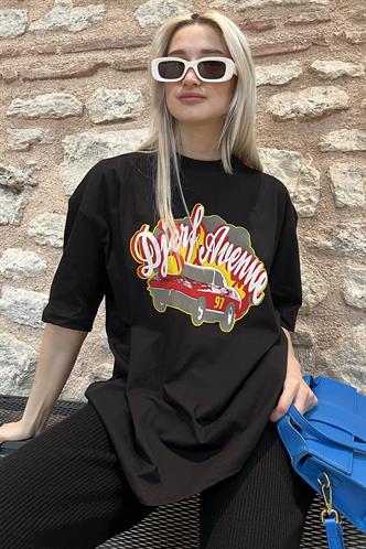 Siyah Baskılı Oversize Kadın Tişört MG1836