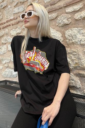 Siyah Baskılı Oversize Kadın Tişört MG1836