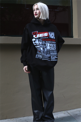 Black Printed Oversize Hoodie Sweatshirt MG1581