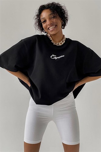 Women Printed Oversize Black T-Shirt MG1491