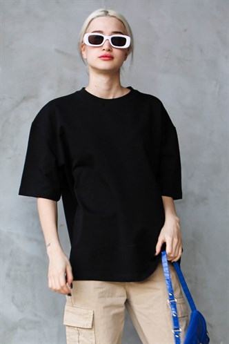 Siyah Bisiklet Yaka Basic Oversize T-shirt MG1687