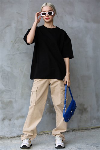 Siyah Bisiklet Yaka Basic Oversize T-shirt MG1687