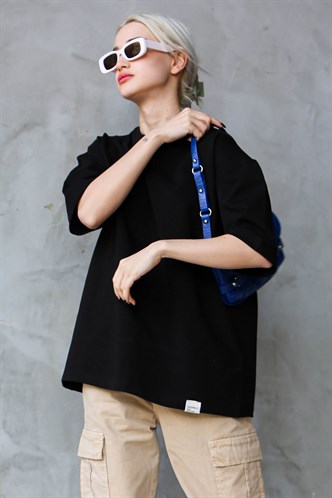 Siyah Bisiklet Yaka Basic Oversize T-shirt MG1687