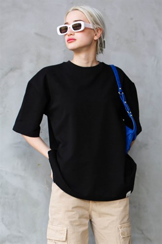 Siyah Bisiklet Yaka Basic Oversize T-shirt MG1687