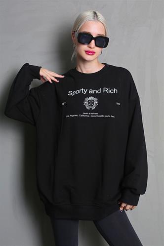 Siyah Bisiklet Yaka Baskılı Oversize Kadın Sweatshirt MG1577