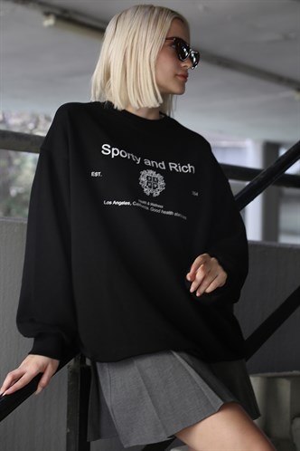 Siyah Bisiklet Yaka Baskılı Oversize Kadın Sweatshirt MG1577