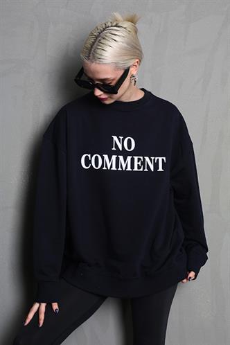 Siyah Bisiklet Yaka Baskılı Oversize Kadın Sweatshirt MG1902