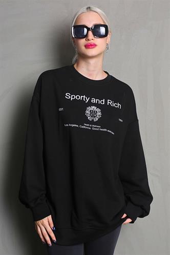 Siyah Bisiklet Yaka Baskılı Oversize Kadın Sweatshirt MG1577