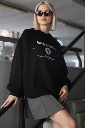 Siyah Bisiklet Yaka Baskılı Oversize Kadın Sweatshirt MG1577