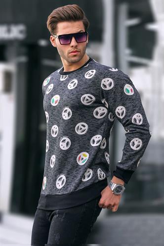 Siyah Bisiklet Yaka Baskılı Sweatshirt 1707