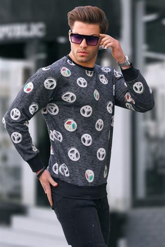 Siyah Bisiklet Yaka Baskılı Sweatshirt 1707