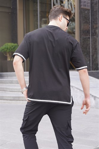 Siyah Bisiklet Yaka Şeritli Tişört 6097