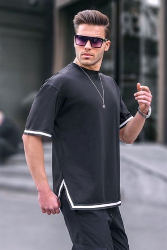 Siyah Bisiklet Yaka Şeritli Tişört 6097