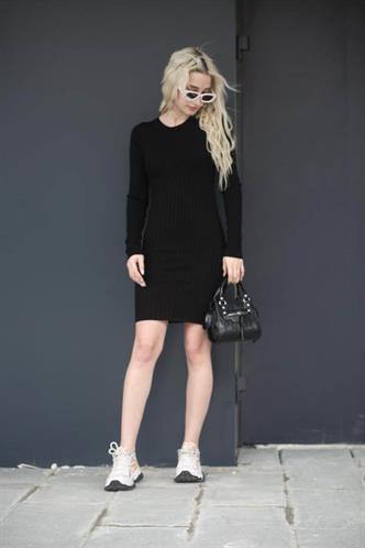 Siyah Bodycon Fitilli Mini Elbise MG1710