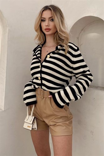 Siyah Çizgili Bisiklet Yaka Gold Düğme Detaylı Cotton Hırka MG1605