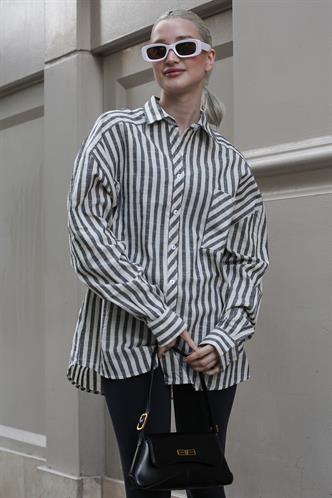 Siyah Çizgili Oversize Kadın Gömlek MG1729