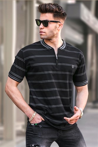 Men Striped Black Polo T-Shirt -- Madmext