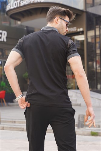 Siyah Desenli Polo Yaka Erkek Tişört 6080