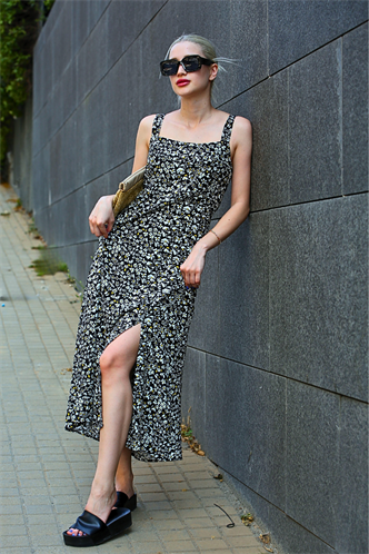 Siyah Desenli Yırtmaçlı Uzun Elbise MG1868