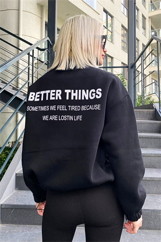 Siyah Dik Yaka Fermuarlı Kadın Sweatshirt MG1935