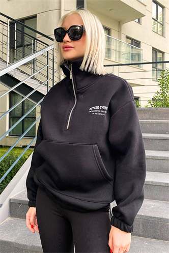 Siyah Dik Yaka Fermuarlı Kadın Sweatshirt MG1935