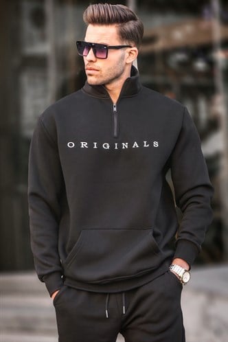 Siyah Fermuar Yaka Nakışlı Sweatshirt 6028