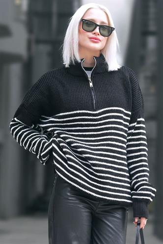 Black Striped Zip Neck Sweater MG1261