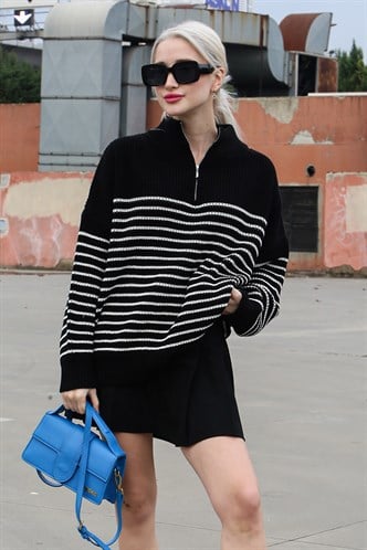 Black Striped Zip Neck Sweater MG1261