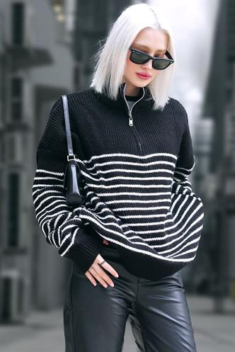 Black Striped Zip Neck Sweater MG1261