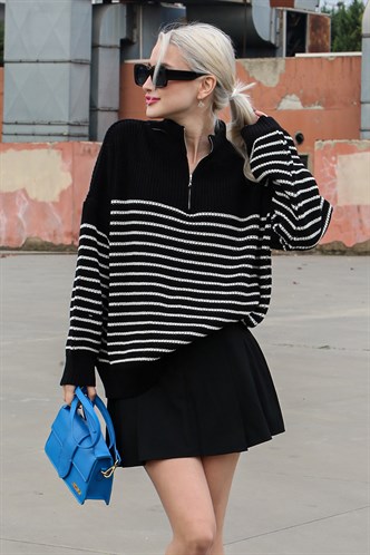Black Striped Zip Neck Sweater MG1261