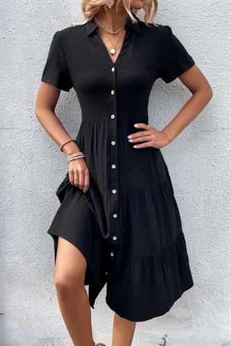 Siyah Gömlek Yaka Uzun Elbise MG1853