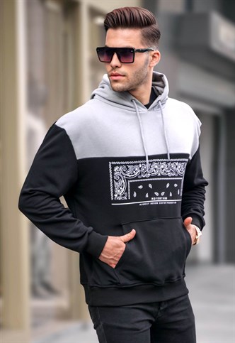 Siyah Kapüşonlu Desenli Sweatshirt 6022
