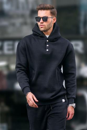 Siyah Kapüşonlu Düğme Detaylı Sweatshirt 6150