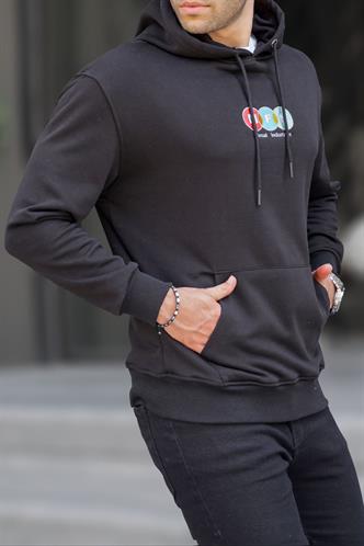 Siyah Kapüşonlu Nakışlı Erkek Sweatshirt 6145
