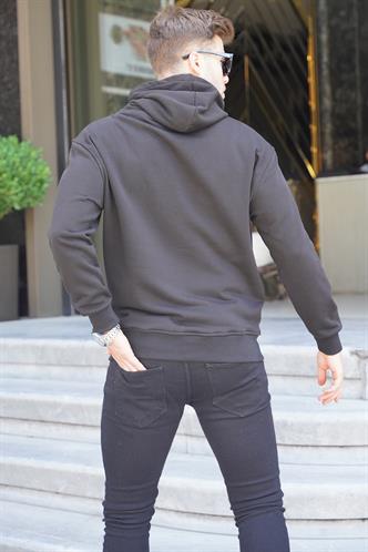 Siyah Kapüşonlu Nakışlı Erkek Sweatshirt 6145