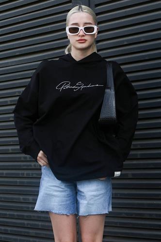 Siyah Nakışlı Kapüşonlu Kadın Sweatshirt MG1691
