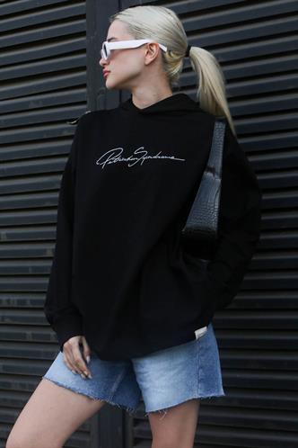 Siyah Nakışlı Kapüşonlu Kadın Sweatshirt MG1691