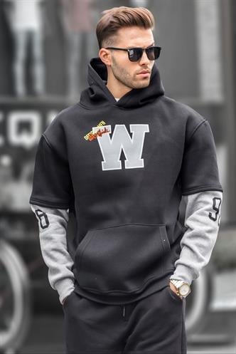 Siyah Nakışlı Kapüşonlu Sweatshirt 6141