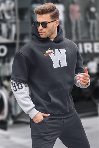Siyah Nakışlı Kapüşonlu Sweatshirt 6141