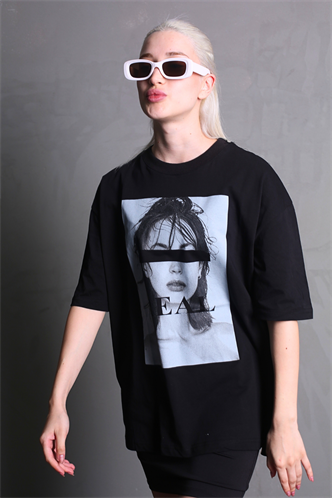 Siyah Oversize Baskılı Kadın Tişört MG1764