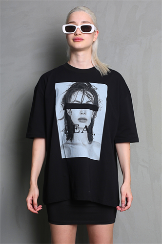 Siyah Oversize Baskılı Kadın Tişört MG1764