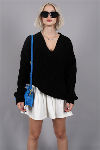 Siyah Oversize V Yaka Triko Kazak MG1440