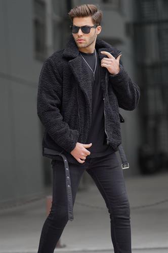 Siyah Peluş Biker Erkek Ceket 6849